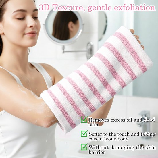 REEKNOKOL Exfoliërende Handdoek, Extra Lange Douchedoek voor Rugreiniging, Lichaamsreiniging voor Mannen en Vrouwen, Dieptereiniging (Roze) — afbeelding 3