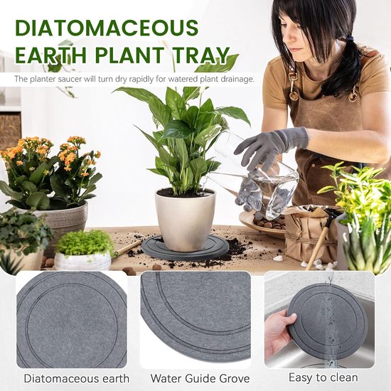 3 stuks diatomeeënaarde plantenschotels voor binnen, ronde 5,9 inch Instant Dry Pot Schotels voor Planten Onderzetters, Diatomeeënaarde Planter Tray, Donkergrijze Bloempot Tray (20 cm) — afbeelding 4
