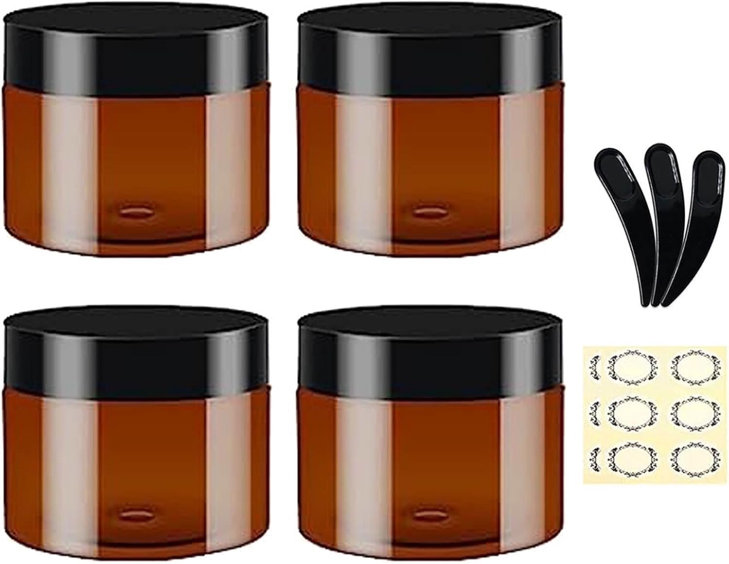 Cosmetische Opbergpotjes - 4 Stuks, 120ml Amber Plastic Jars met Zwarte Deksels, Inclusief Spatels en Labels - Herbruikbare Reiskruikjes voor Crème, Zalf en Gel Opslag