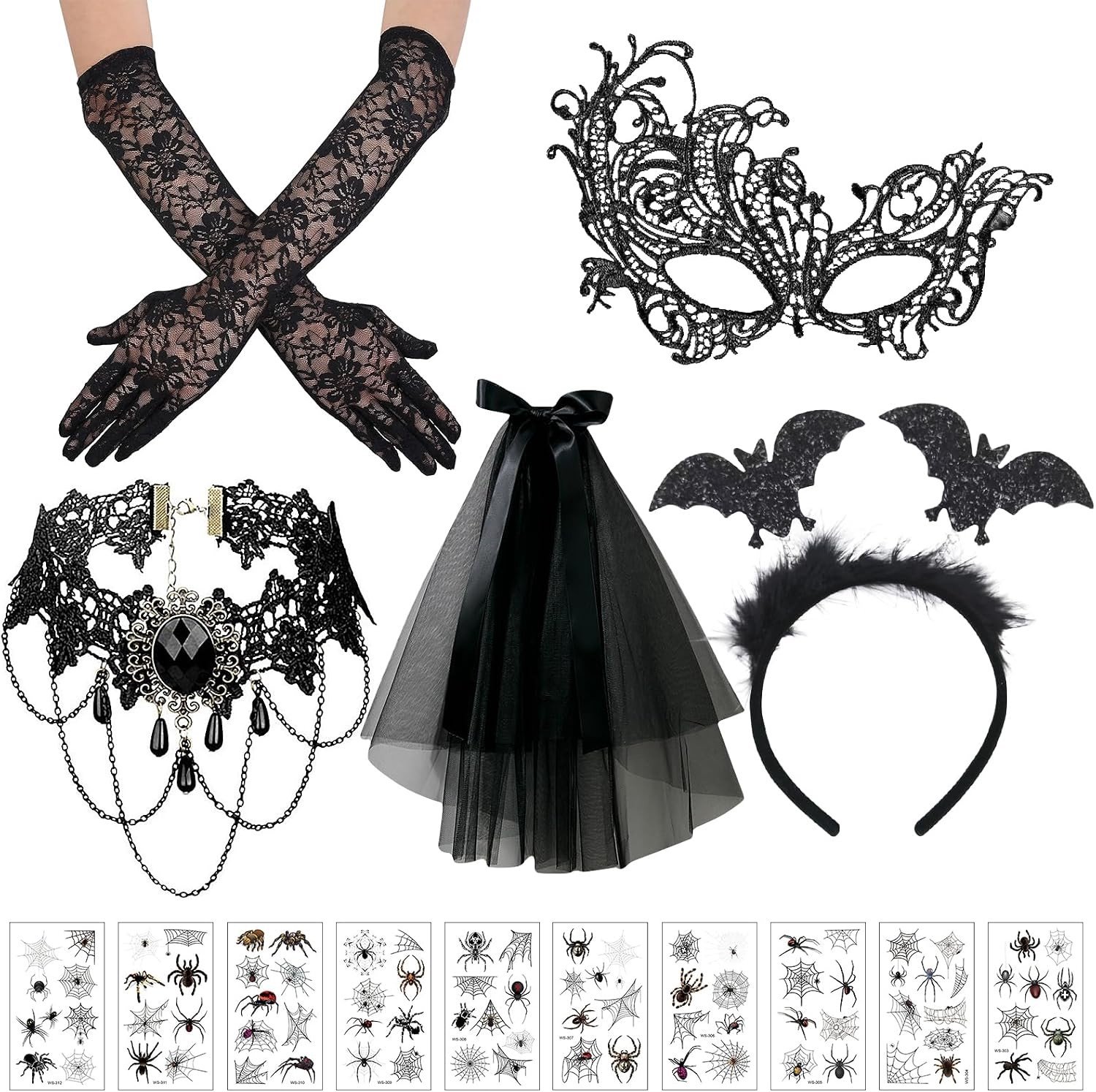 Halloween Steampunk Accessoires voor Vrouwen, Set van 5, Goth Zwarte Kanten Handschoenen, Ketting, Oogmasker, Tattoo Stickers, Perfect voor Carnaval en Kostuums