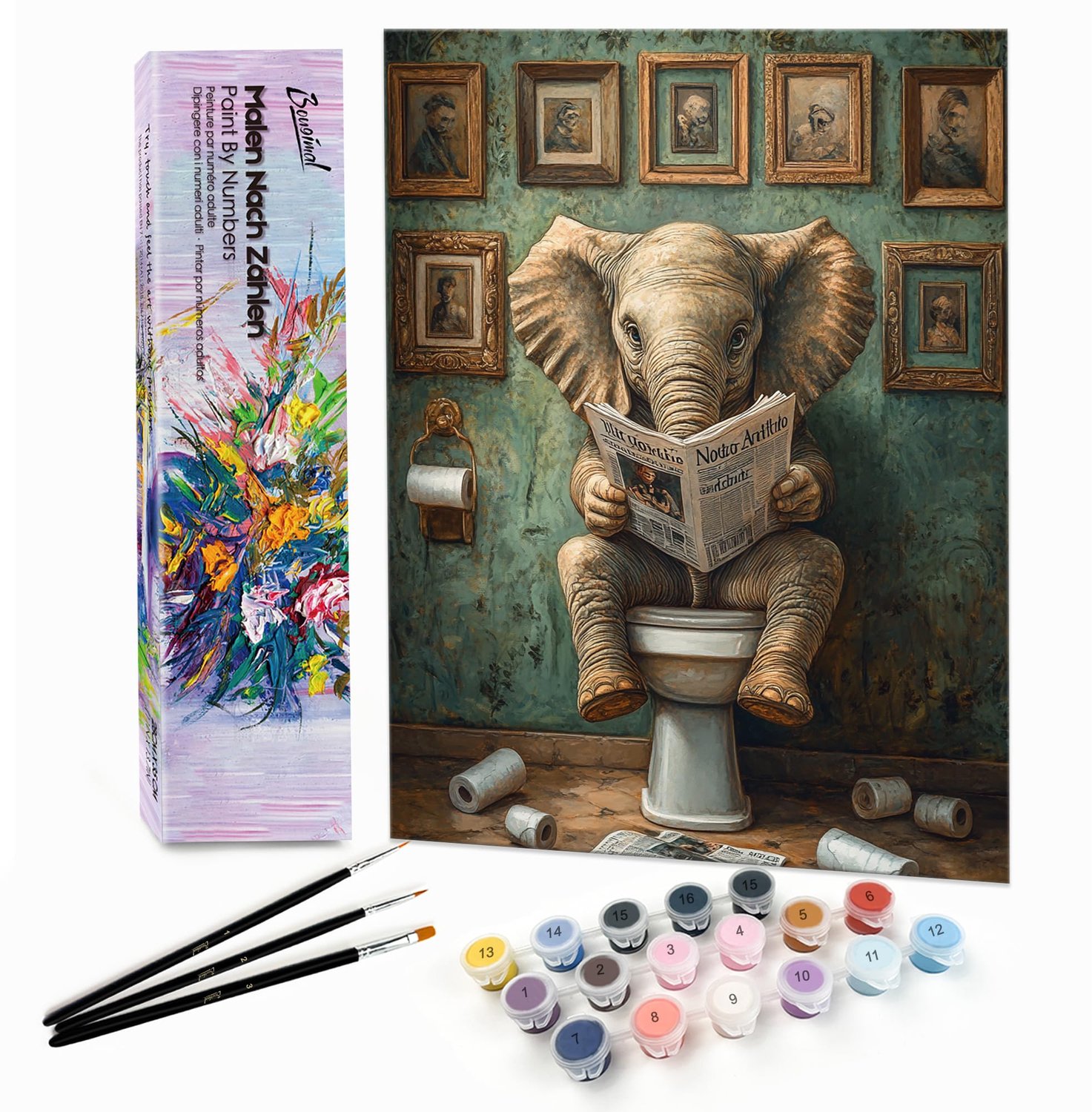Bougimal Schilderen op nummer volwassenen, dieren, zonder frame, inclusief penseel en acrylverf - 28x35cm, olifant met krant