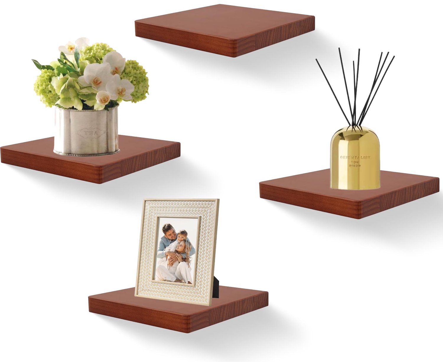 MIHORLIFE 20,3 X 20,3 cm quadratische schwebende Holzregale, Mini-Wandregal im kompakten Stil für kleine Gegenstände, hängende Wandregaldekoration, 4e