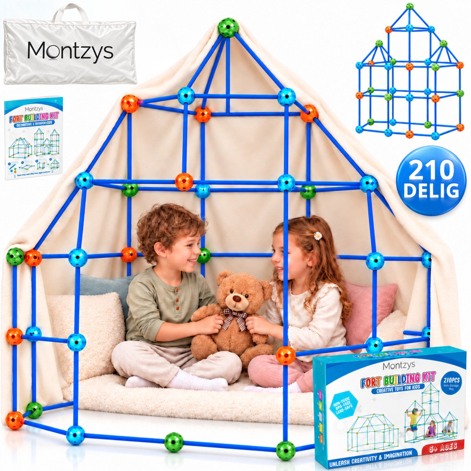 Montzys® Fort Bouwpakket - 210 Onderdelen - Speeltent & Hutten Bouwen - Constructie Speelgoed voor Jongens & Meisjes - Sinterklaas & Kerst Cadeau