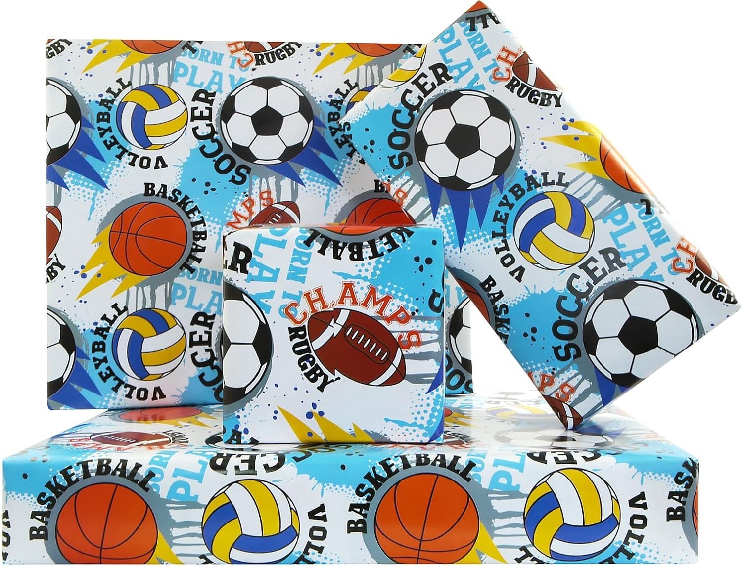 Sportthema inpakpapier voor geschenken, bedrukt met basketbal, volleybal en voetbal - ideaal voor verjaardagen, wedstrijden en feestdagen voor jongens en meisjes