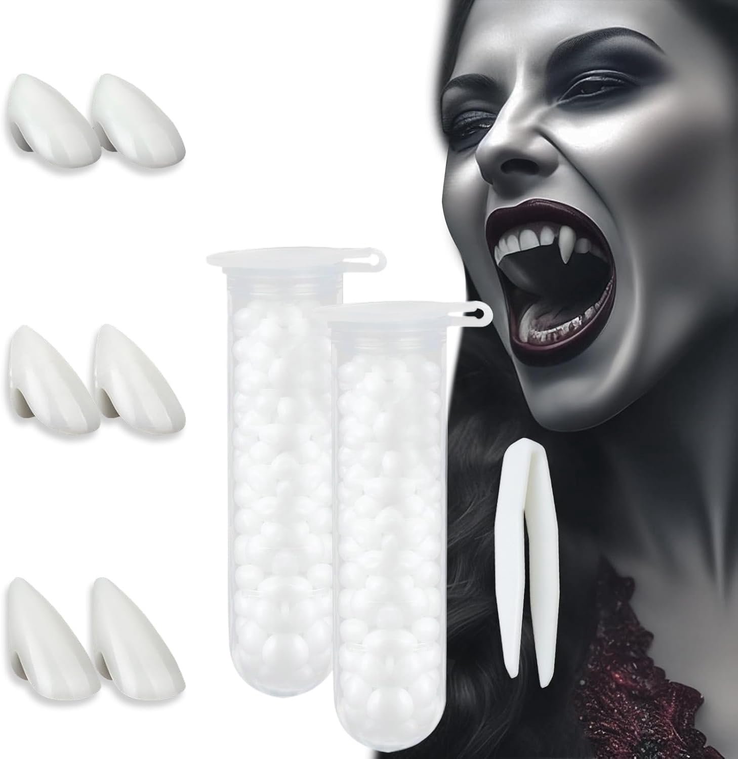 4 paar Halloween vampiertanden, zombie vampier Crocs Halloween nep tandpasta met lijm voor tandtabletten, Halloween Crocs vampierkostuum Halloween feestaccessoires