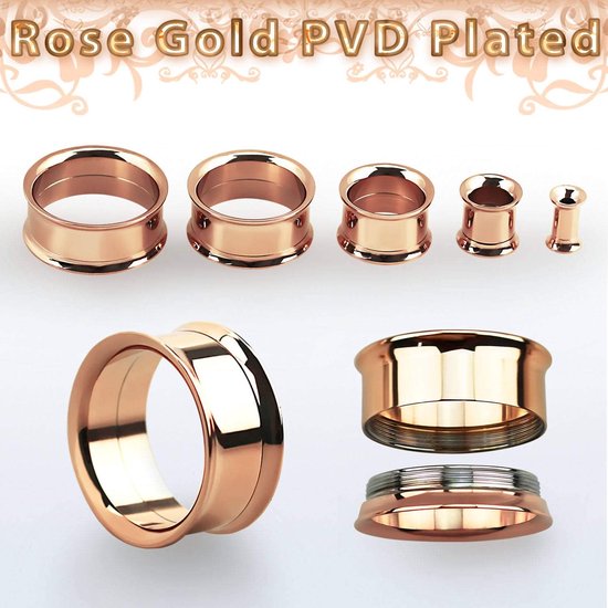Flesh Tunnel roségoud chirurgisch staal 2-delige set piercing oorstretcher oorplug, Roestvrij staal, — afbeelding 2