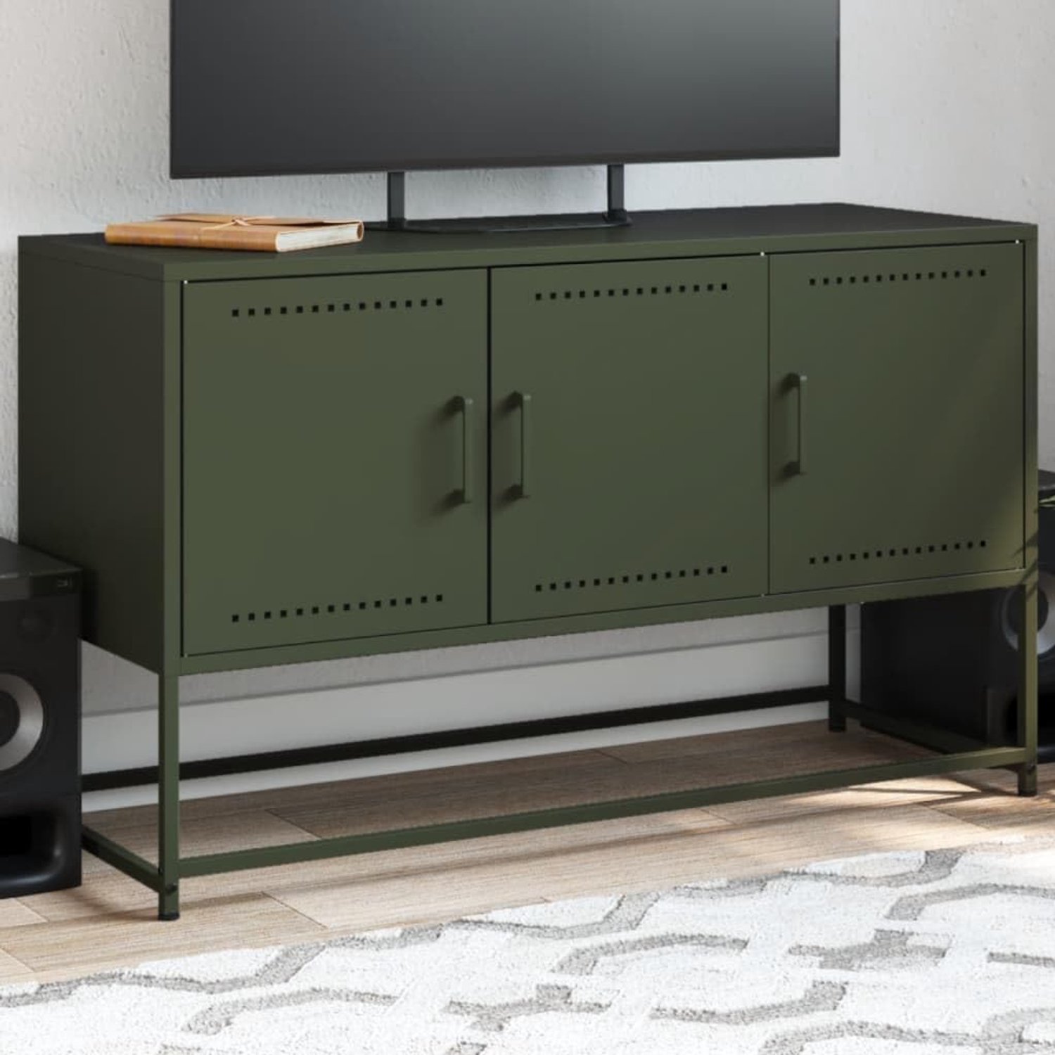 TV-kast, olijfgroen, multifunctionele tv-standaard, console voor slaapkamer, ontvangstruimte, 100,5 x 39 x 60,5 cm, staal
