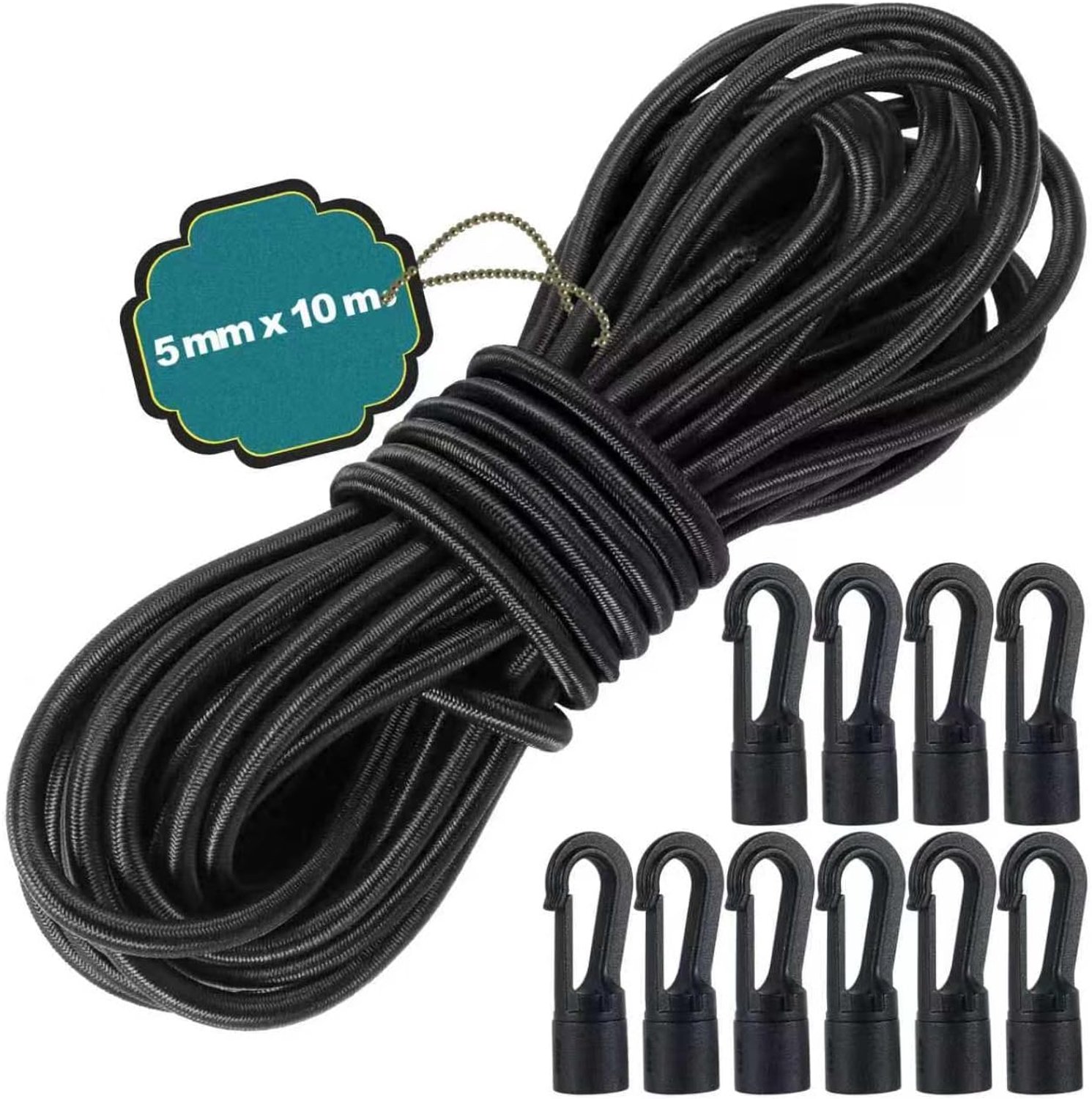 Rubberen touw 5 mm x 10 m, rubberen koord met 10 kunststof haken, zwart