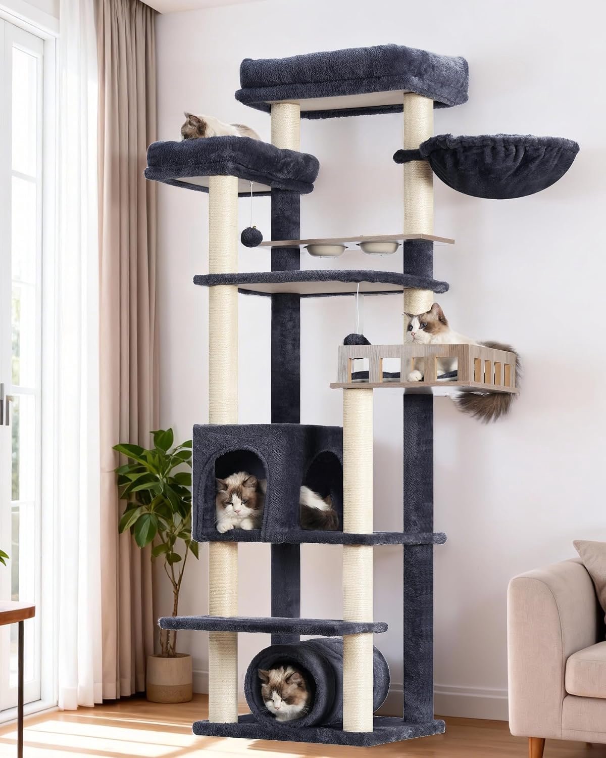 Gitelsnour Cat Tree with Food Station & Safe Wooden Perch, 167 cm Cat Tower With Tunnel, Tall Cat Tree House with Condo, 11 All Sisal Scratching Posts, Large Top Platform, Smoky Gray GCT021G