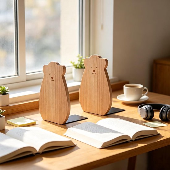 2 Stuks Delige Houten Boekensteunen Antislip -organizer voor Kantoor Thuis Duurzame Massief Houten Boekensteunen voor Ordentelijke Boekenplanken — afbeelding 4