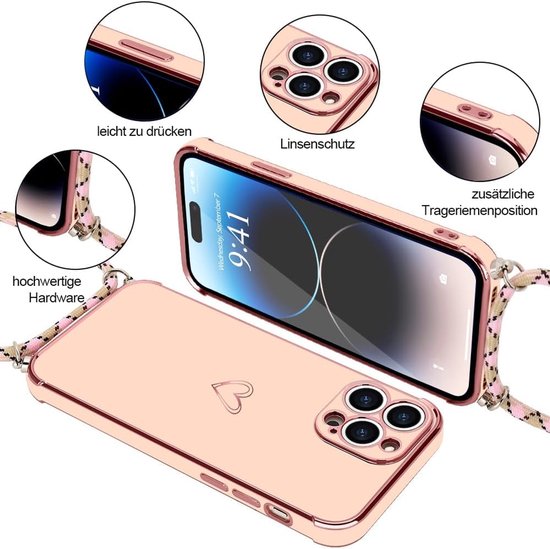 Micoden voor iPhone 15 Plus hoesje met riem crossbody sleutelkoord koord nek schattig hart voor meisjes vrouwen houder met ketting siliconen schokbestendige hoes voor iPhone 15 Plus roze — afbeelding 4