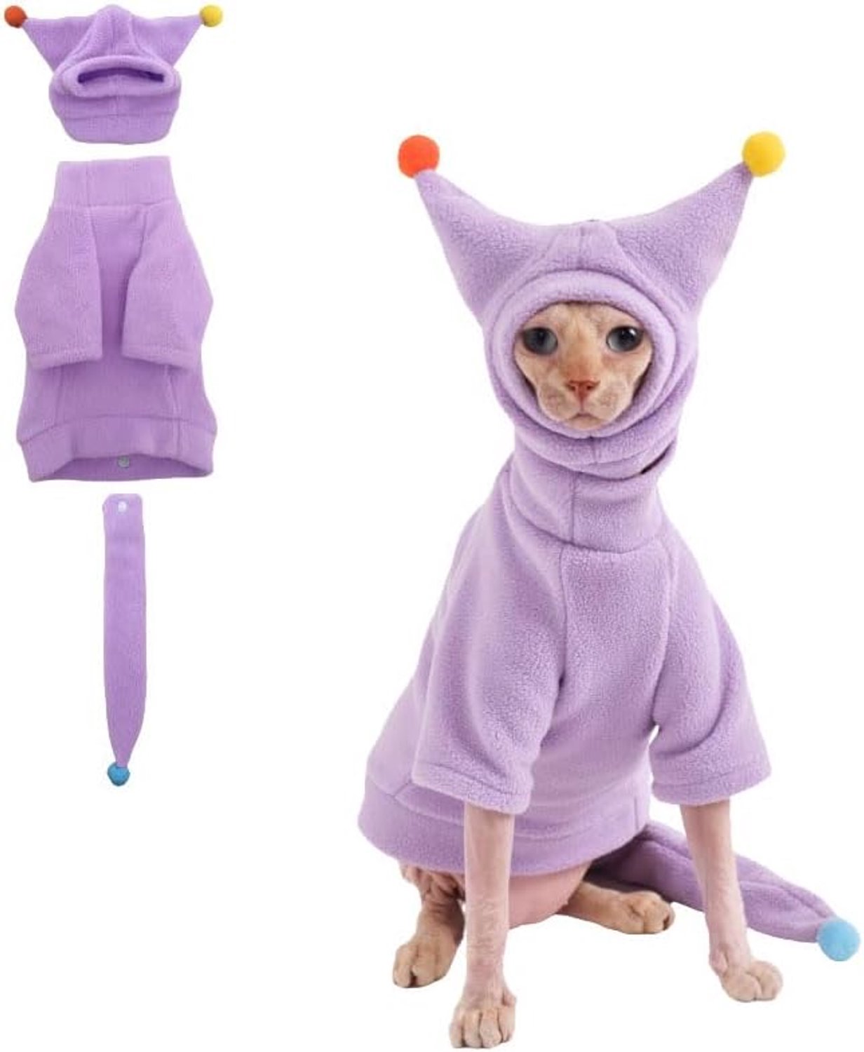 Sphynx Kattenkleding, warme kattenjumpsuit met hoed en staarthoes, volledige set voor haarloze katten, Cornish Rex en Devon Rex (paars, L (6-8 lbs))