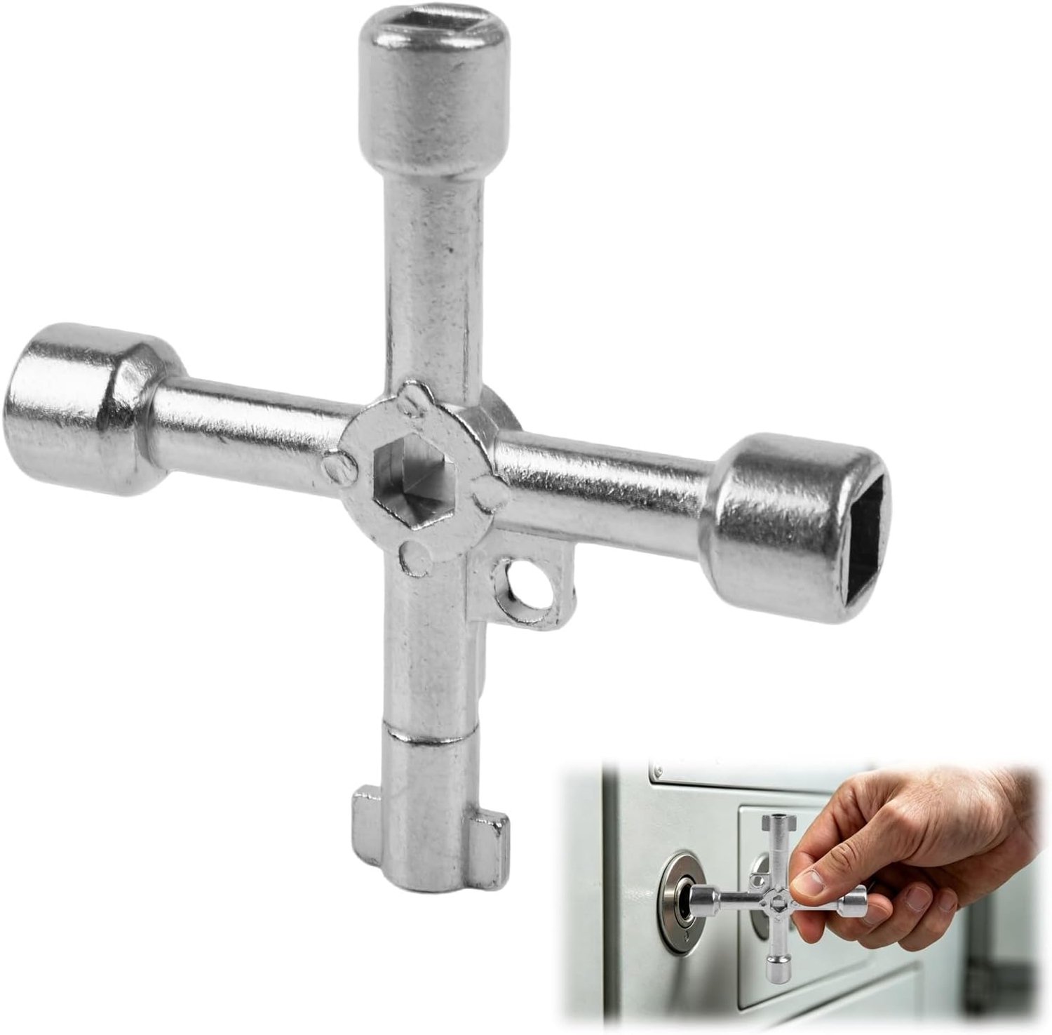 4-Weg Schakelkast Sleutel, 4-Weg Multifunctionele Universele Sleutel, Zinklegering, Vierkantsleutel voor Elektrische Kasten, Gas- en Watermeterkasten, Zilver