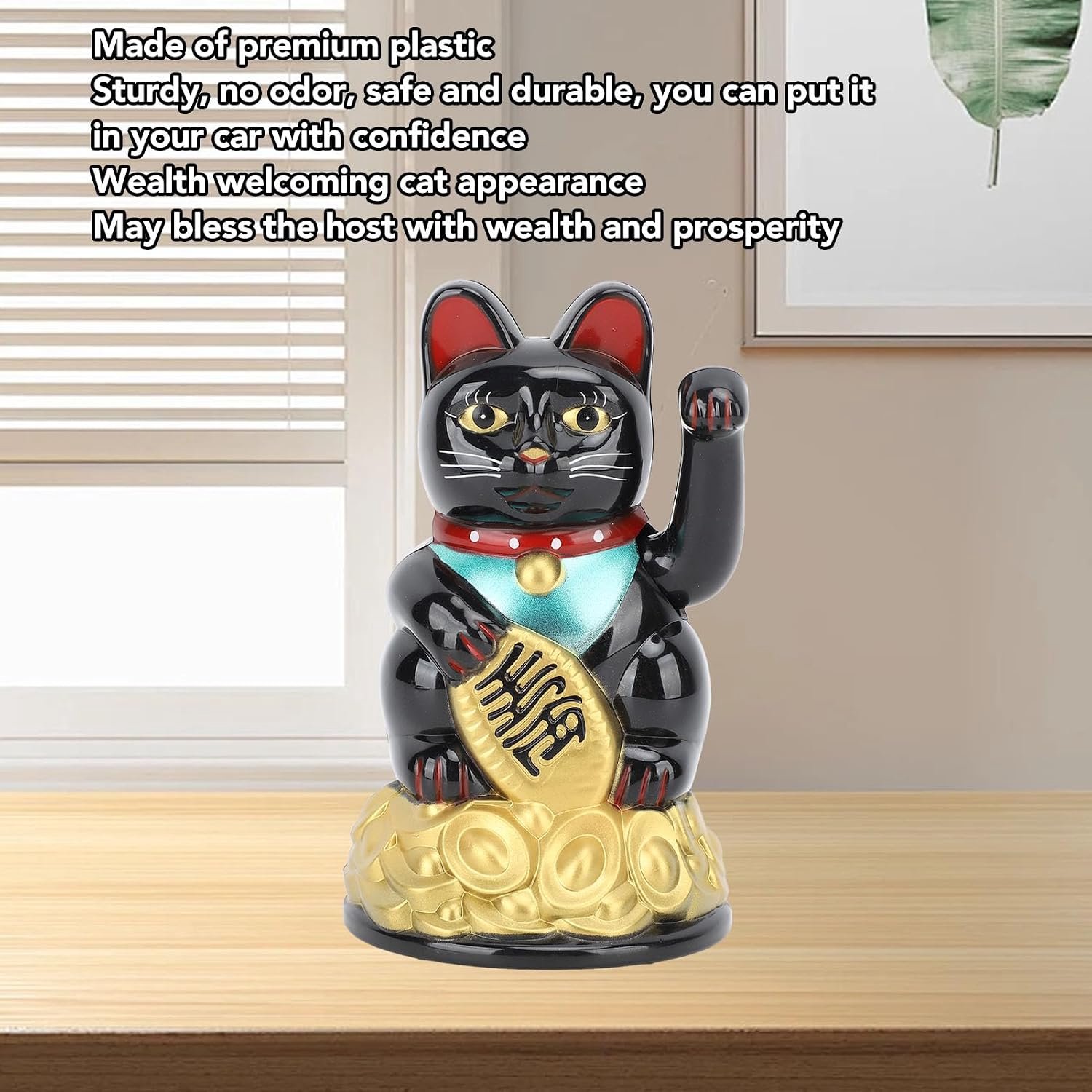 Zwart Lucky Cat-ornament, 4,5 Inch Werkt op Batterijen