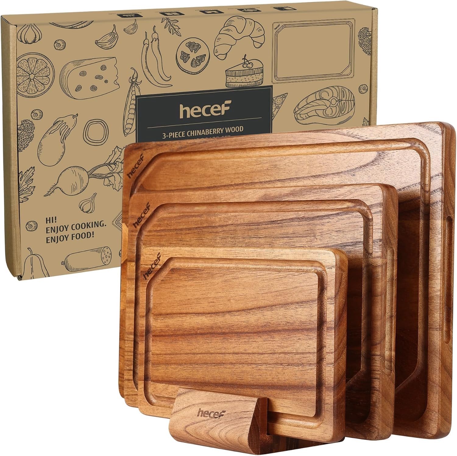 Houten Snijplankenset met Standaard - Bruin - 38 x 25,5 cm - Thermisch Behandeld Hout - Voor Snijden en Serveren