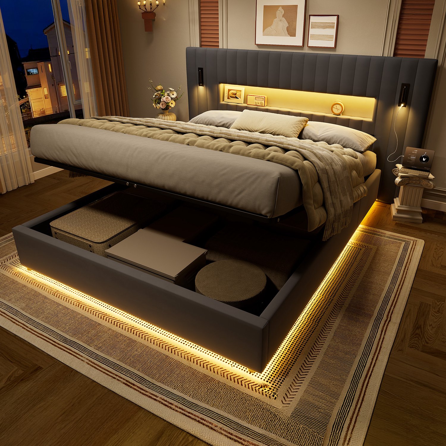 Wishdor Gestoffeerd Tweepersoonsbed 180x200cm met Opbergruimte - Grijs - Fluwelen Bed met Leeslampjes, USB & Lattenbodem - Gasveer - Breed Hoofdbord
