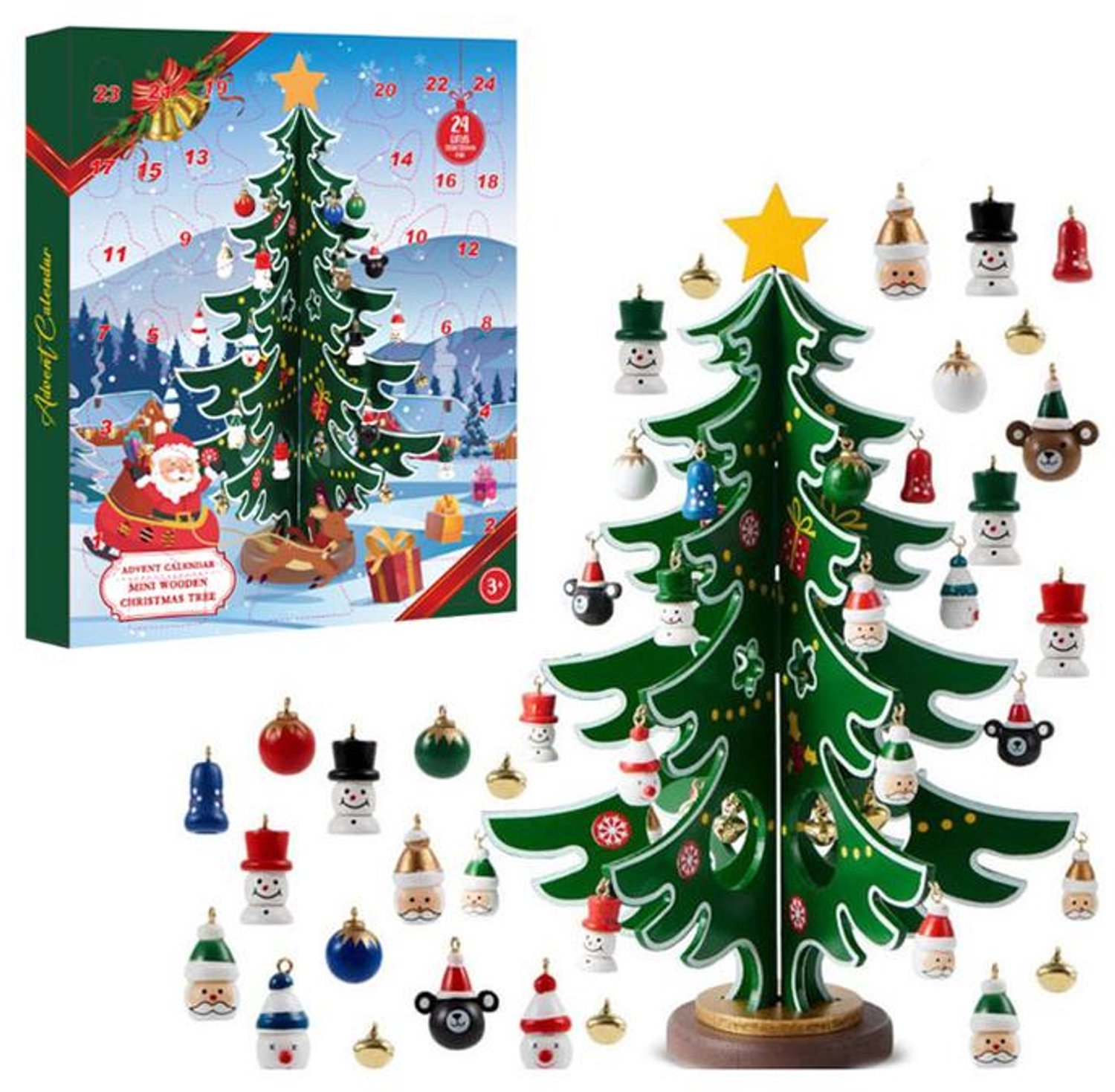 KZQ Kerst-adventskalender – Aftelkalender voor 24 dagen – Inclusief kerstboom en 24 ornamenten – Houten kerstdecoratie om zelf in elkaar te zetten – Cadeautjes voor jongens, meisjes en kinderen – Groot formaat