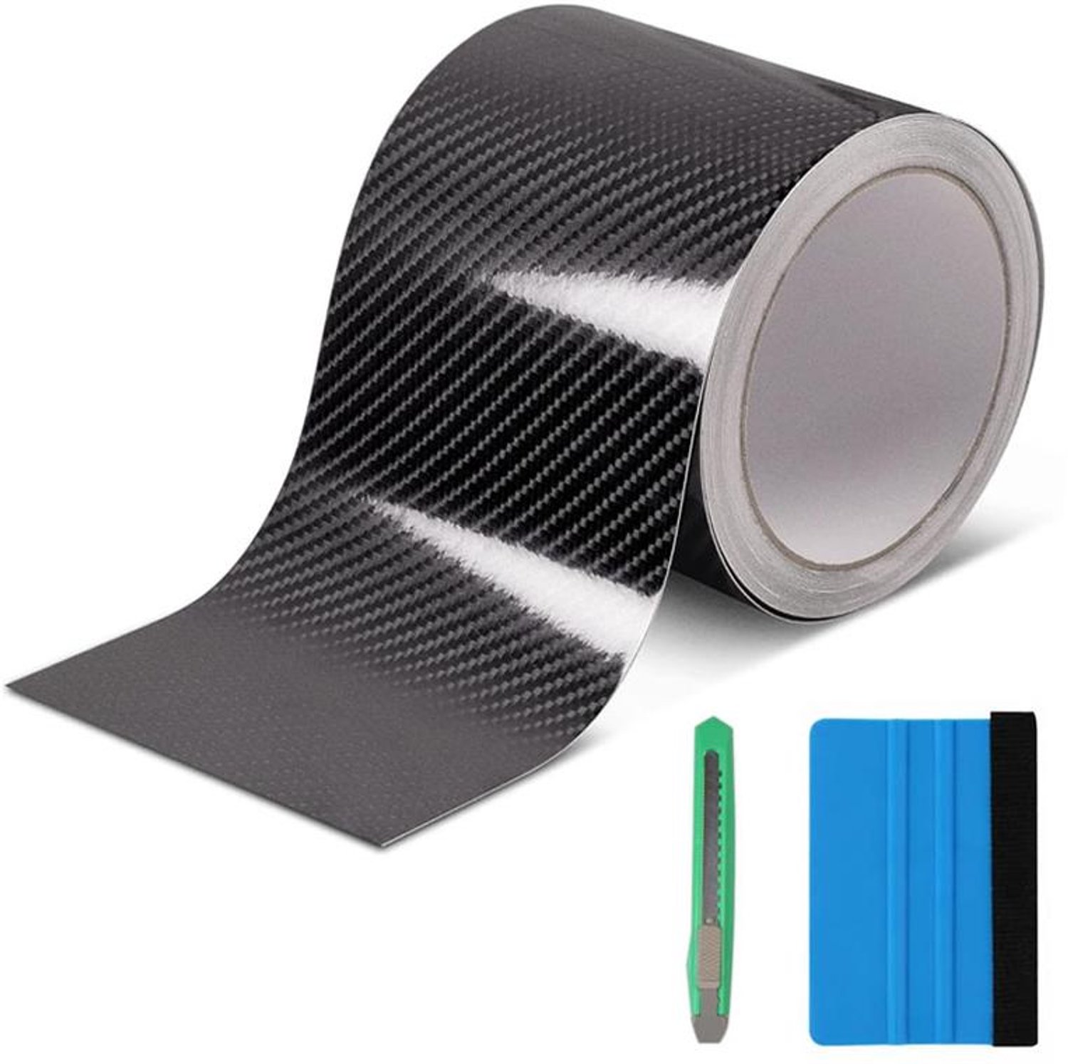 KZQ Zelfklevende beschermfolie voor auto's – Zelfklevende koolstofvezeltape – Beschermfolie voor bumpers – Inclusief hobbymes en rakel - Krasbestendig & duurzaam – 10 cm x 10 m – Zwart koolstofvezel