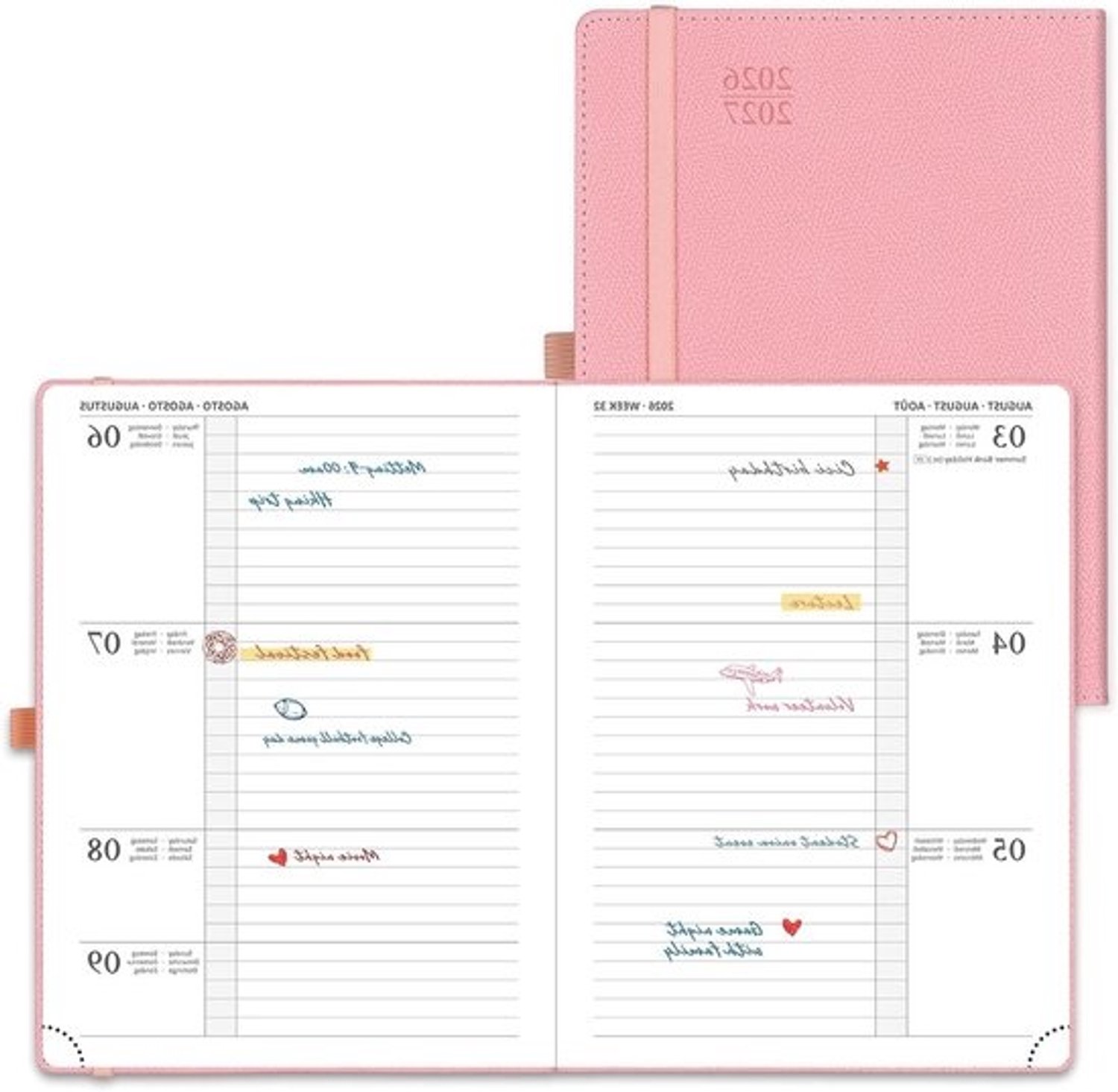 Planner 2026 2027 - Weekplanner en organizer - Afspraken noteren - Indeling voor academisch jaar - 22 x 165 cm - Lichtroze