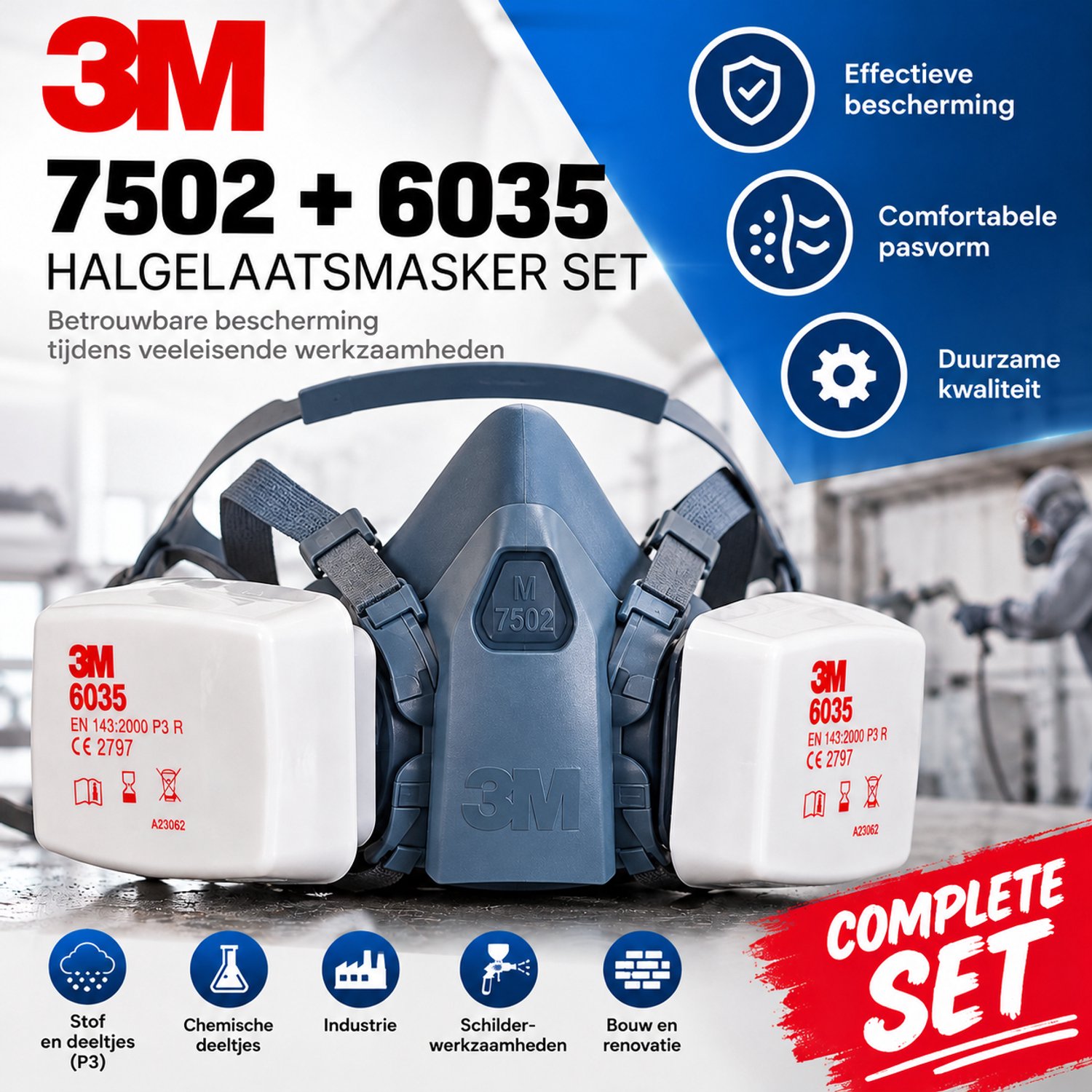 3M 7502 halfgelaatsmasker + 3M 6035 P3 filterset | complete set adembescherming