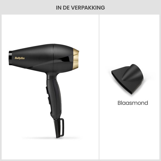 Zwarte BaByliss föhn met gouden accenten en een afneembare blaasmond in de verpakking.