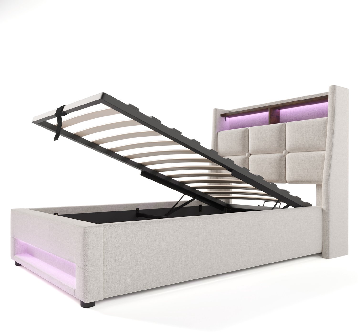 Gestoffeerd Bed 90x200 - Bed Met LEDverlichting En USB-aansluiting - Beige Linnen Bed Met Hoofdbord En Lattenbodem
