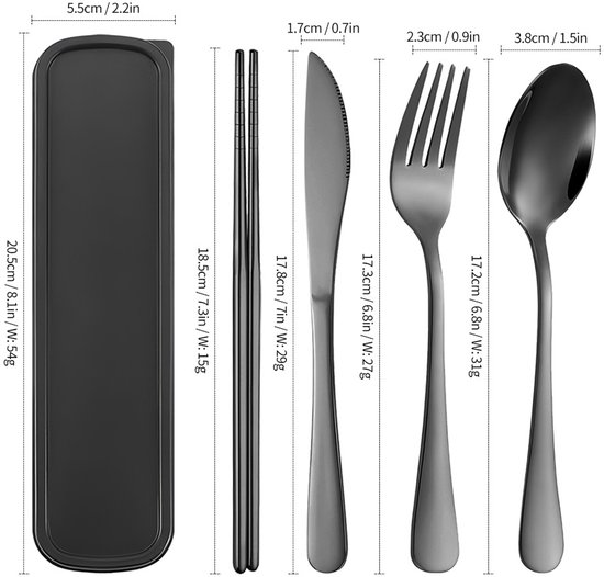 1 set Reisbestek , draagbare bestekset voor op het werk, herbruikbare reisbestekset van roestvrij staal, vork- en lepelset voor kamperen en picknicken, gadgets - zwart — afbeelding 2