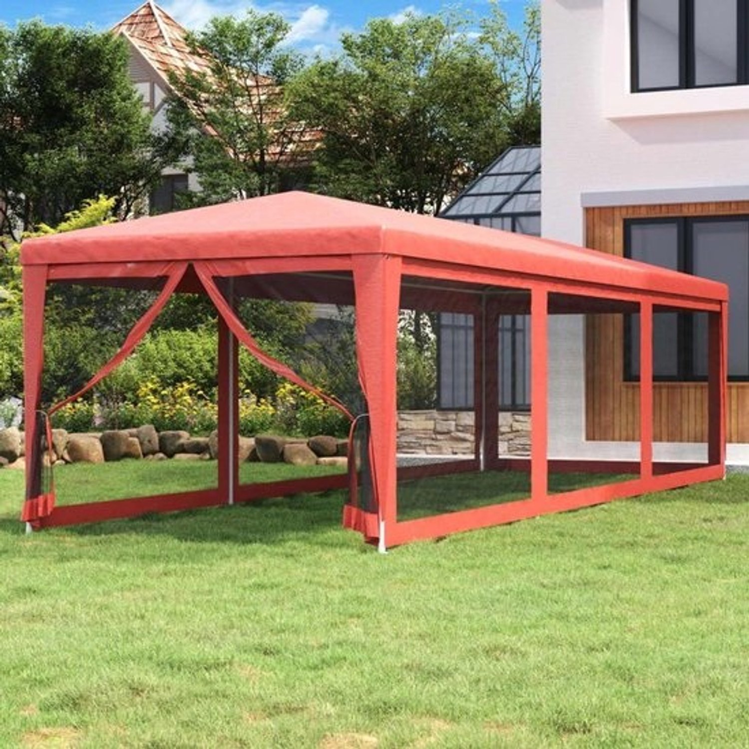 Partytent - Tuinpaviljoen voor feesten - Buitenfeesten organiseren - Acht mesh-zijwanden - 3x9 Meter - Rood