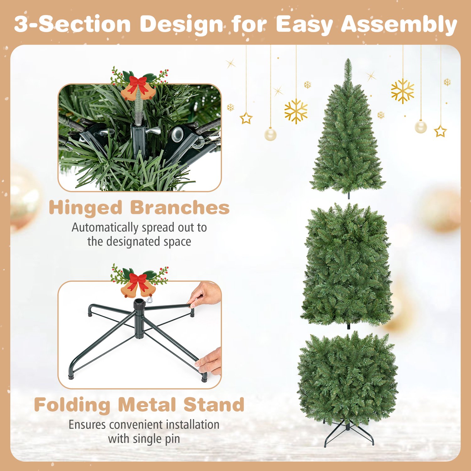 COSTWAY 200 cm Kunstkerstboom smal met verlichting - 708 takken - 250 warmwitte LED-lampjes - Metalen Standaard - Snelle Montage – foto 3