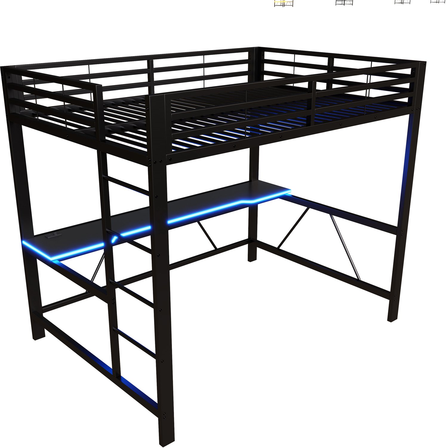 MUVANO Gaming Bed met Bureau - Hoogslaper 140x200 - Metalen Bedframe - Met LED Verlichting en USB Oplaadstation - Ruimtebesparend - Voor Gamers - Zwart