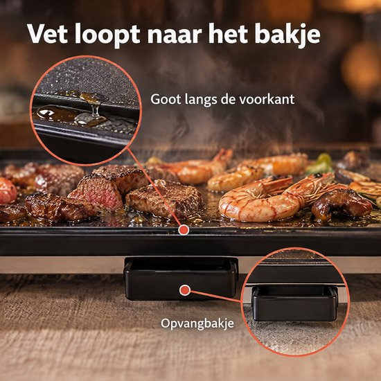 Cheqo® Elektrische Bakplaat 45 cm - Teppanyaki Grill - Grillplaat - Tafelgrill - Gourmetplaat - Plancha - Japanse Grill - Pannenkoekenplaat - Regelbare Thermostaat - PFAS-Vrije Anti-Aanbaklaag - Opvangbakje - Cool Touch Handgrepen — afbeelding 4