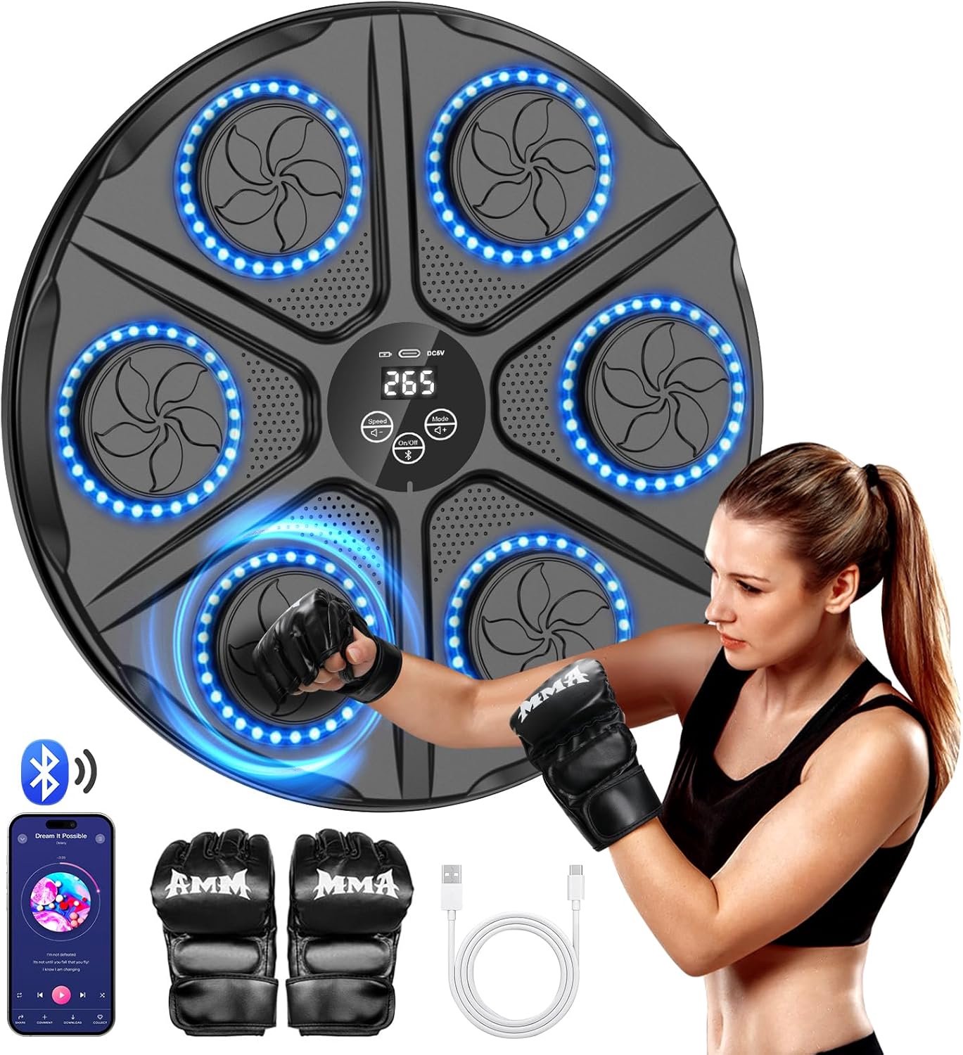 Boxing Machine - Boksmachine - Muzikale Boxmachine - 12 Trainingsmodi -12 Snelheden - Bluetooth-LED-slagenteller - Incl. Bokshandschoenen - Voor Fitness & Ouder-kind & Stress en Ontspanning-- Boksen en Trainen - Muurbevestiging - Bokszak - Boksbal