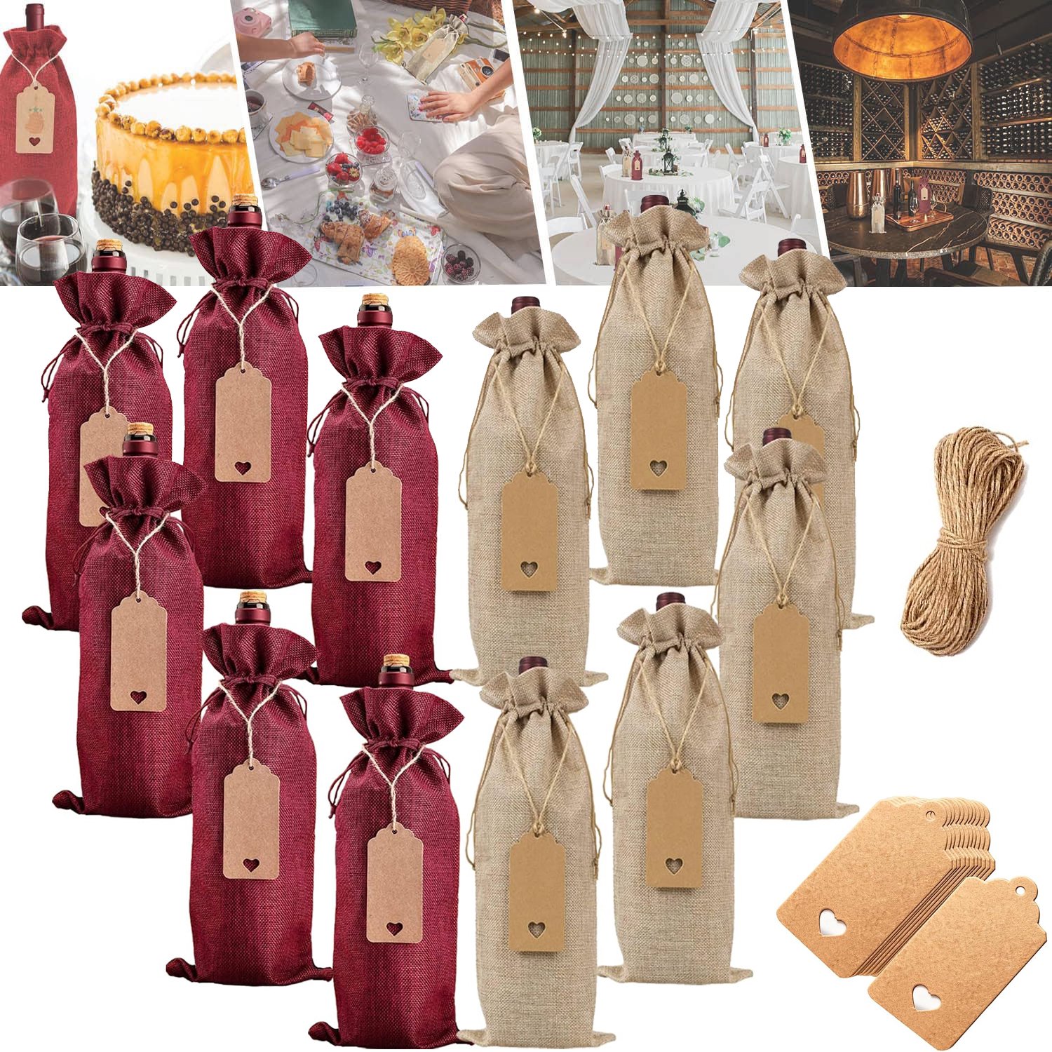 12 Jute Wijnzakken - Wijngeschenktassen - Herbruikbare Wijnflessenzakken Met Trekkoord - Wijnflescadeauzakjes Voor Feestjes Kerstmis
