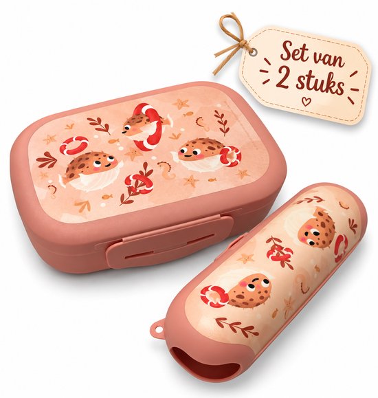 Set van 2: zalmroze lunchbox en bananendoos met kogelvis-print en 'Set van 2 stuks' label.