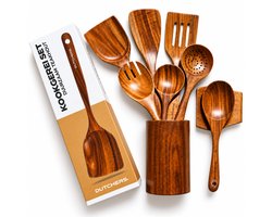 Dutchers® 9-delige Teakhouten Spatel set - Houten Spatels incl houder - Eco Vriendelijk - Soeplepel - Antiaanbakpan - Pollepels - Opscheplepel - Keuken lepel - Kookgerei - Wokspatel - Keukengerei - Geschenkset Vrouwen - Cadeau - Keukenaccessoires