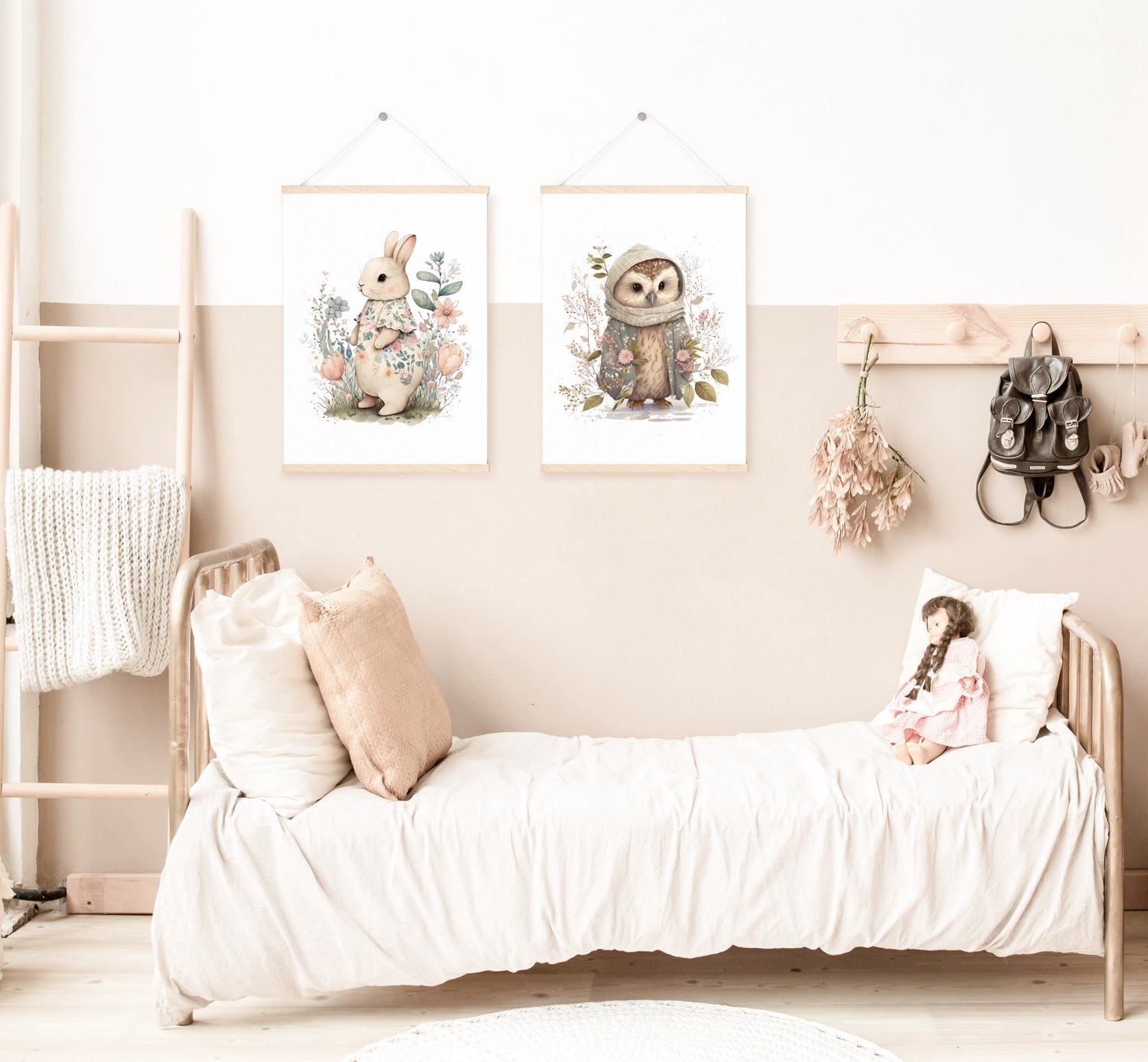 Poster set uil en konijn-posters-set van 2-watercolours spring-winter animals-dieren-kinderkamer accessoires-babykamer accessoires