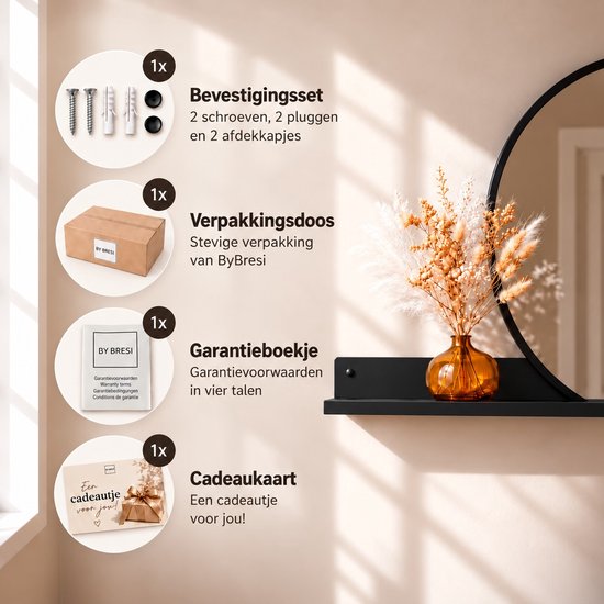 Overzicht van de inhoud: bevestigingsset, verpakkingsdoos, garantieboekje en cadeaukaart van ByBresi.