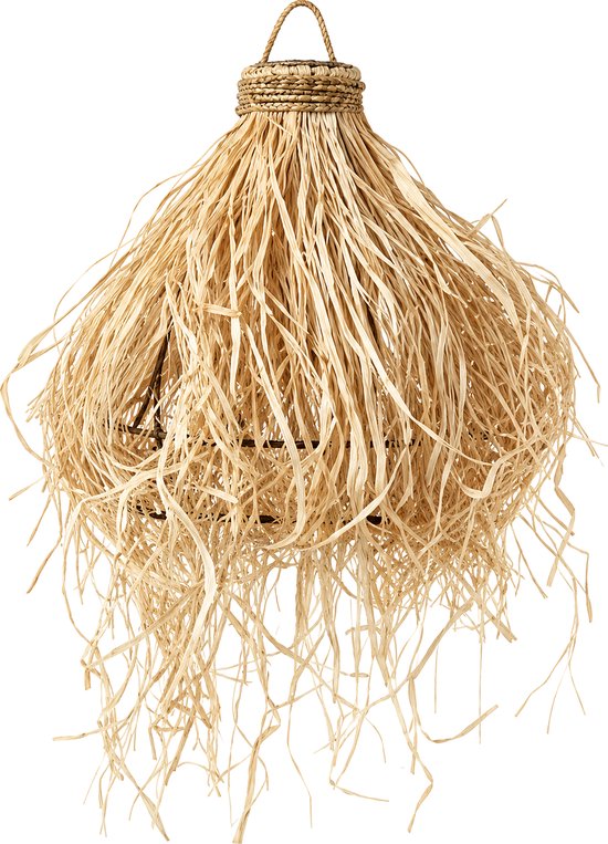Hanglamp met een kap van natuurlijk gevlochten stro en raffia in een beige tint, met een metalen frame.