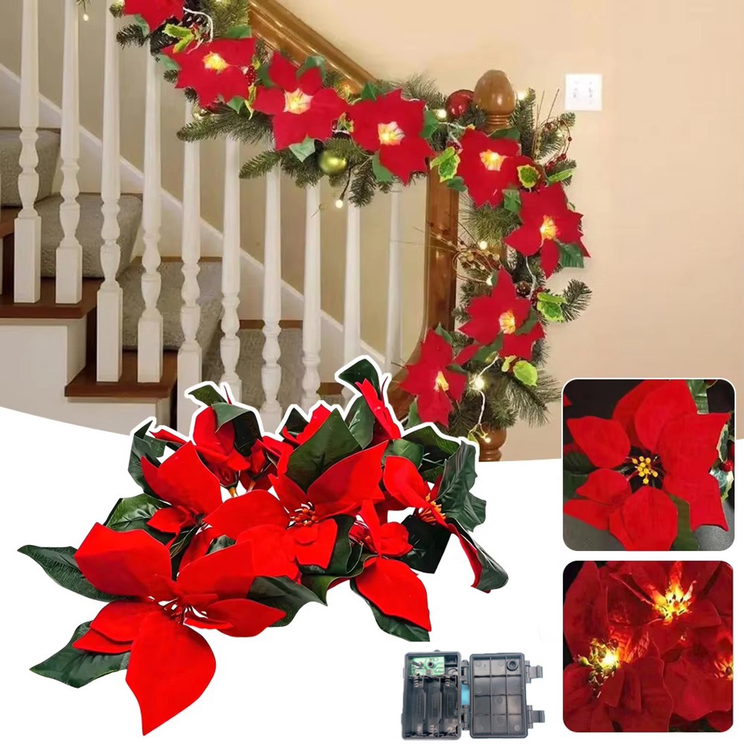 3M Kerstslinger Licht 20leds Kunstmatige Rode Bloemen Slinger Warm Luminerend Decoratief Boomlicht Voor Kerstvakantie Thuis-Bloemenring Decoratieve Lichten Op Batterijen