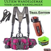 Donkerroze heuptas met grijze banden, drinkfles, afneembare borstband en 'Trail Edition' tekst voor optimaal wandelgemak.