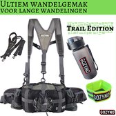Zwarte Gozyno heuptas met schouderbanden, waterfles en neonreflecterende band. Tekst: Ultiem wandelgemak, Trail Edition.