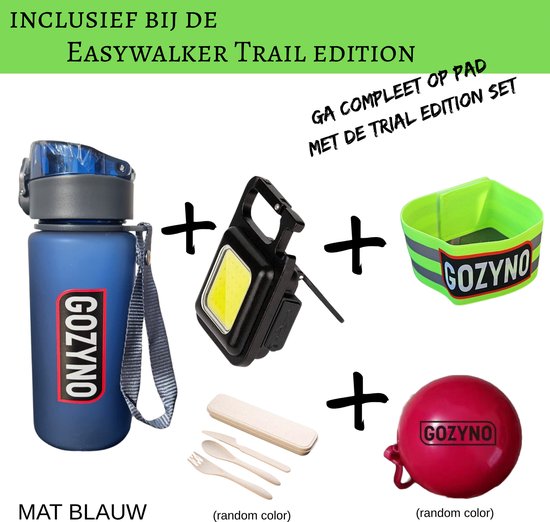 Easywalker Trail Edition set met matblauwe Gozyno-fles, zaklamp, reflecterende band, bestekset en een bel.