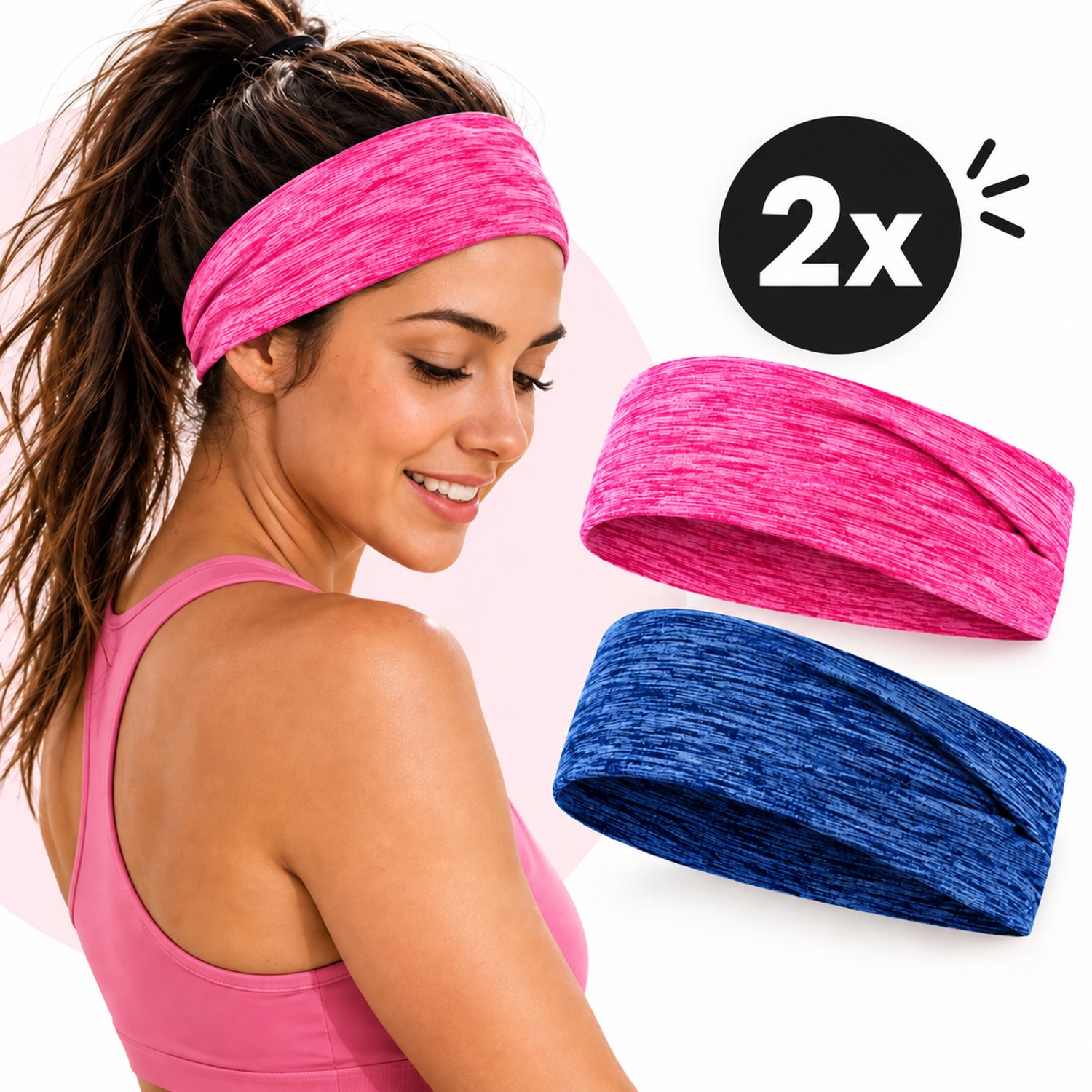 Tolvia Haarband Dames - 2 Stuks Brede Elastische Haarbanden - Zachte Stretch Haarband - Voor Dagelijks Gebruik, Fitness & Yoga - Roze/Blauw