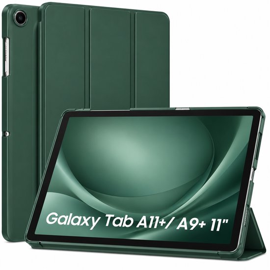 Donkergroene tablethoes voor Samsung Galaxy Tab A9+/A11+ 11 inch met drievoudige vouwstandaard.