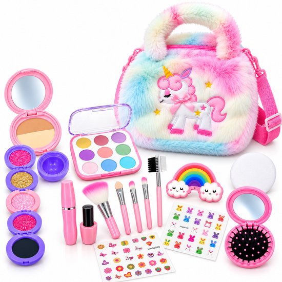 Homily kindermake-upset met pluizig regenboog eenhoorntasje, oogschaduwpaletten, kwasten, stickers en speelgoedaccessoires.