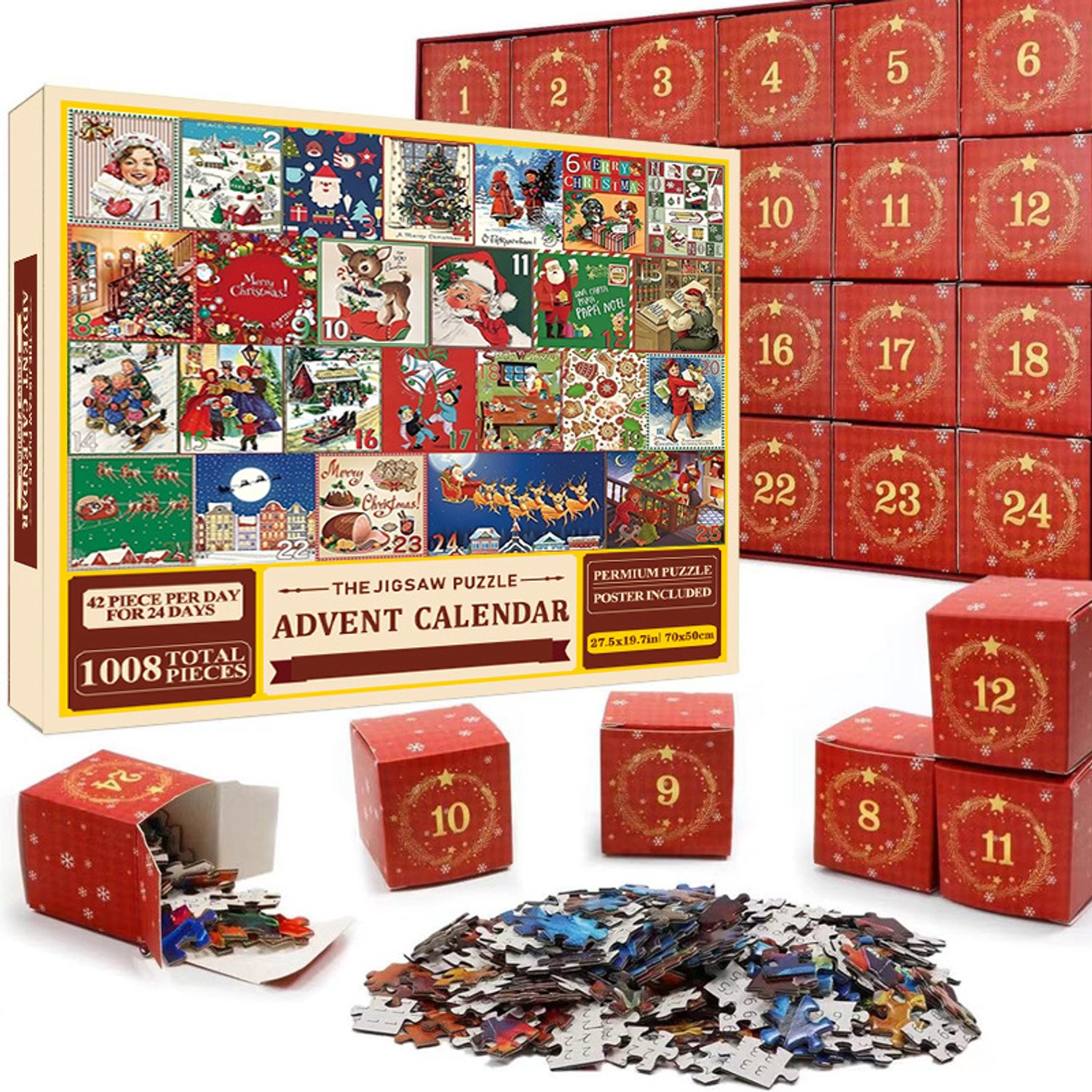 KZQ Puzzel - Kerst-aftelpuzzel voor 2026 - Kerstaftelkalender - 1.008 stukjes - Kerstaftelpuzzel van 24 dagen - Decoratieve kerstpuzzel - 24 afzonderlijke geschenkdoosjes - Set C