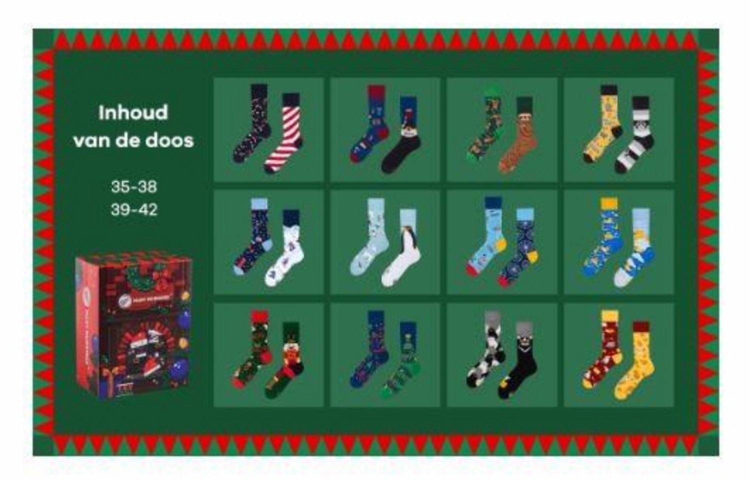 Many Mornings Mismatched Sokken Adventskalender – 12 Paar Lange Sokken – Maat 39-42 – Kerstcadeau