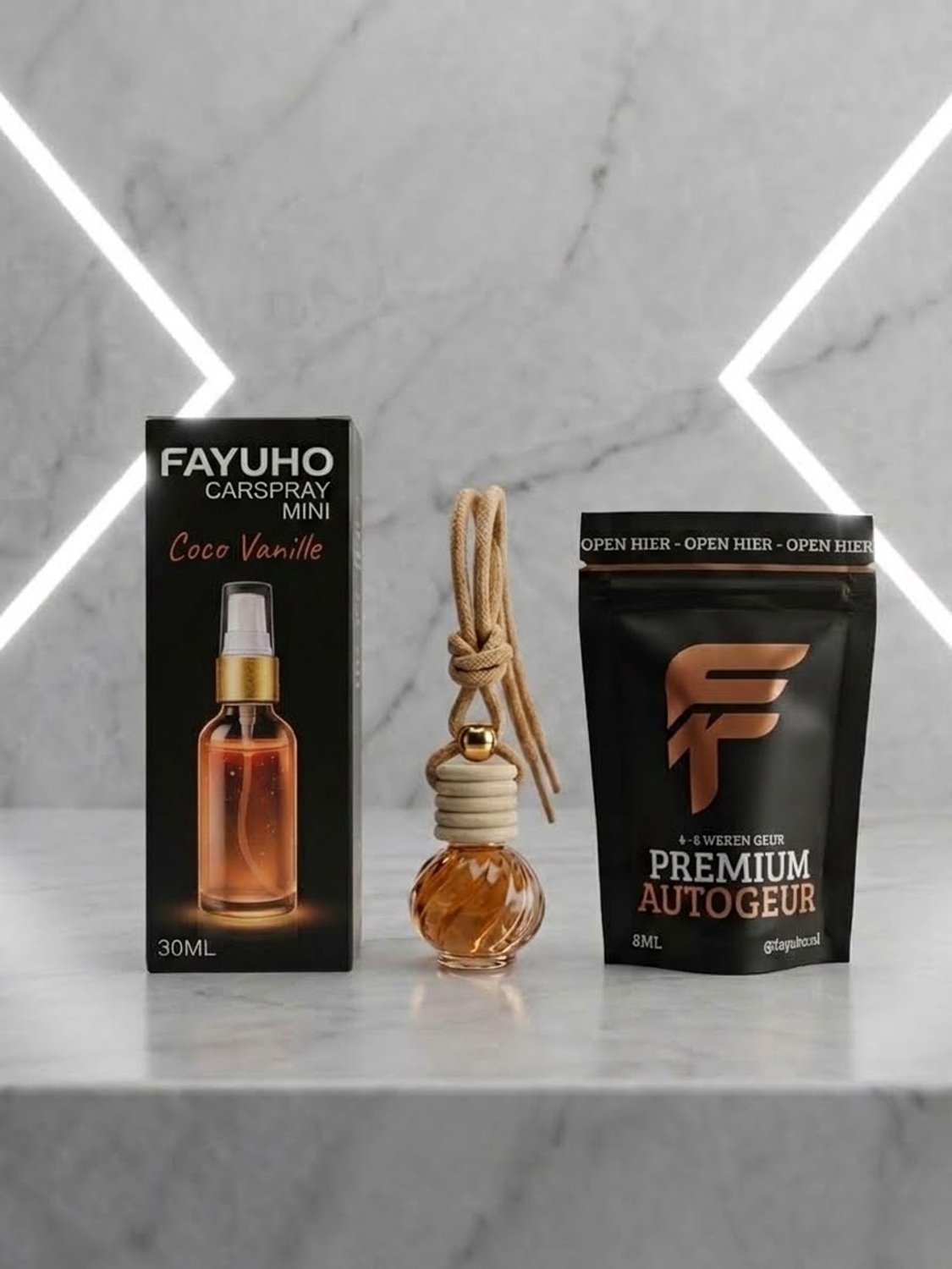 FAYUHO Luxe Autoparfum Bundel - Coco Vanille - Hanger & Spray Geurset