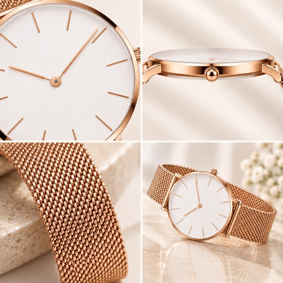 Rosegouden horloge met witte wijzerplaat en verfijnde mesh-band, close-ups van wijzerplaat, zijkant en structuur.