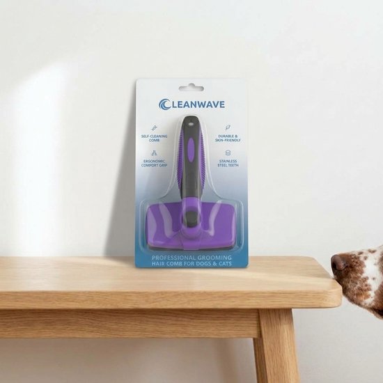 CleanWave verpakking met paars-zwarte professionele borstel voor honden en katten, met kenmerken zoals RVS tanden.